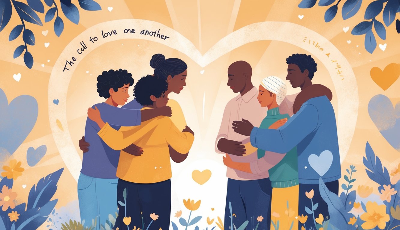 A group of diverse people warmly embracing and helping each other in a peaceful outdoor setting with glowing light symbolizing love.