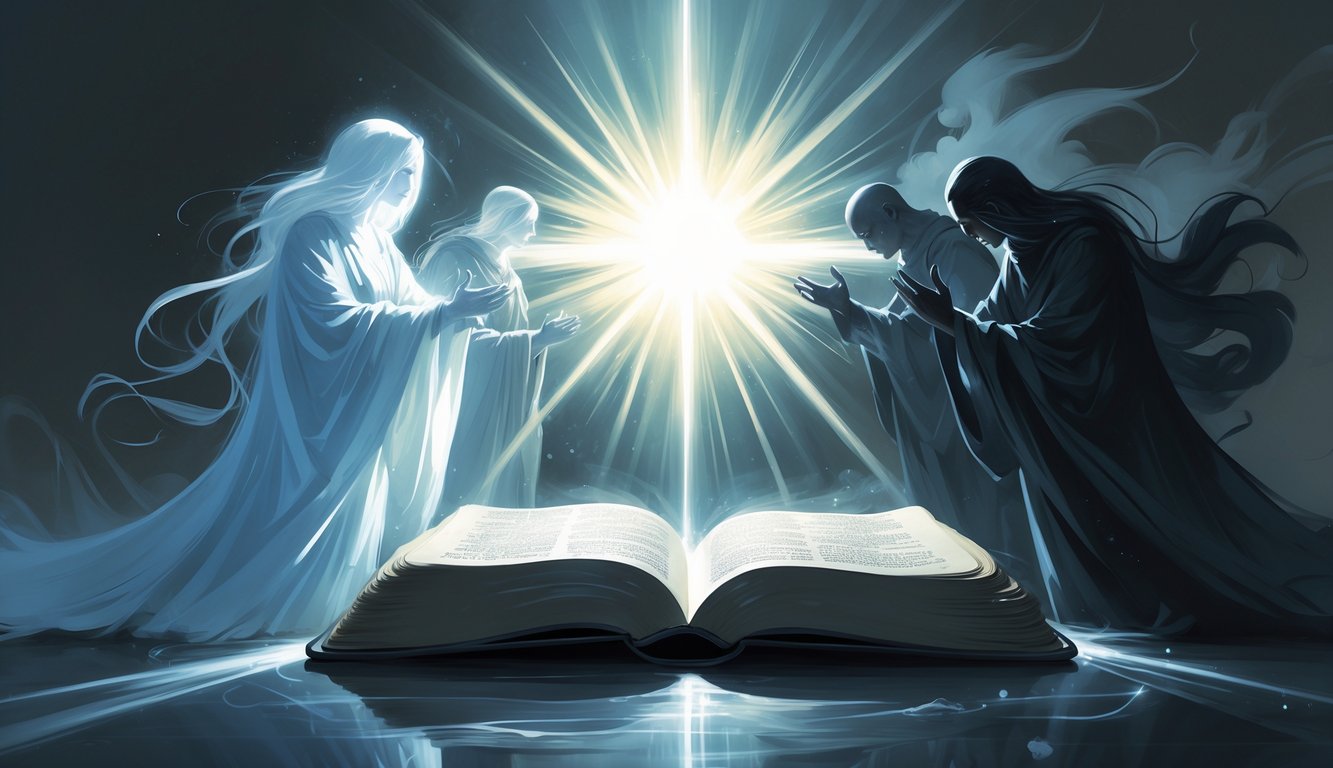 An open glowing Bible at the center with bright light shining from it, surrounded by radiant figures representing truth on one side and dark, shadowy figures representing deception on the other side, separated by a translucent barrier.