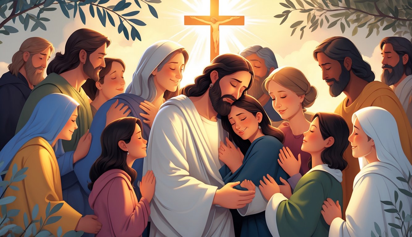 Jesus Christ embracing and comforting diverse people, showing love and compassion in a peaceful outdoor setting with a glowing cross in the background.