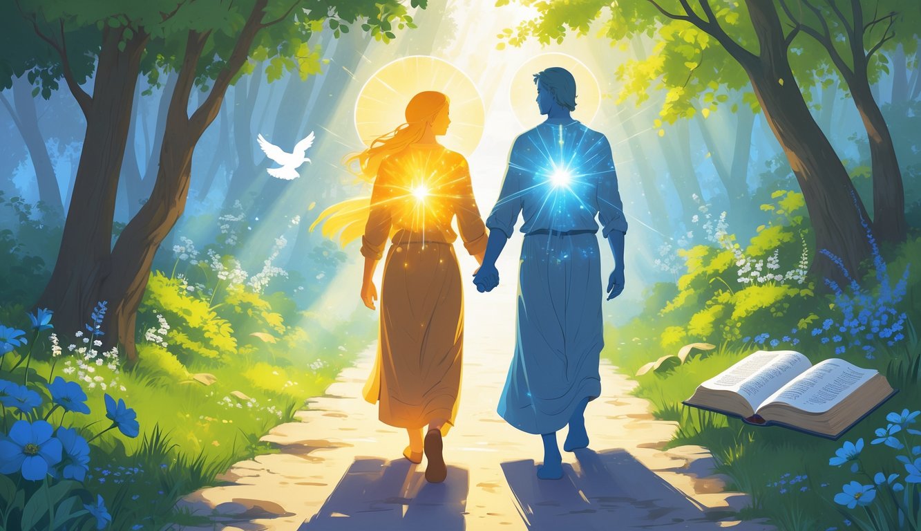 Two people walking together on a sunlit path surrounded by trees and flowers, holding hands with a dove flying above.