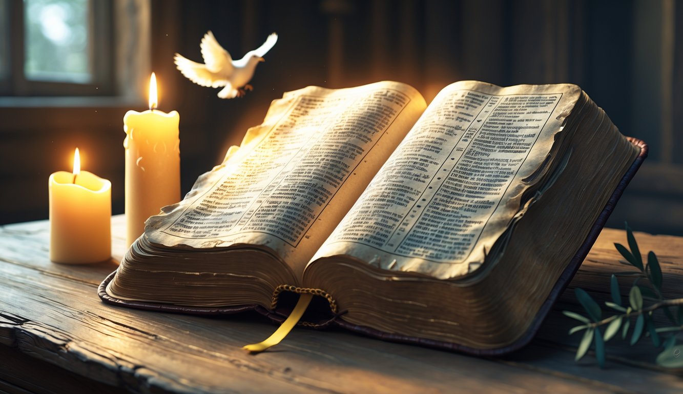 An open ancient Bible on a wooden table with a glowing candle, an olive branch, and a dove nearby, creating a peaceful and reflective scene.