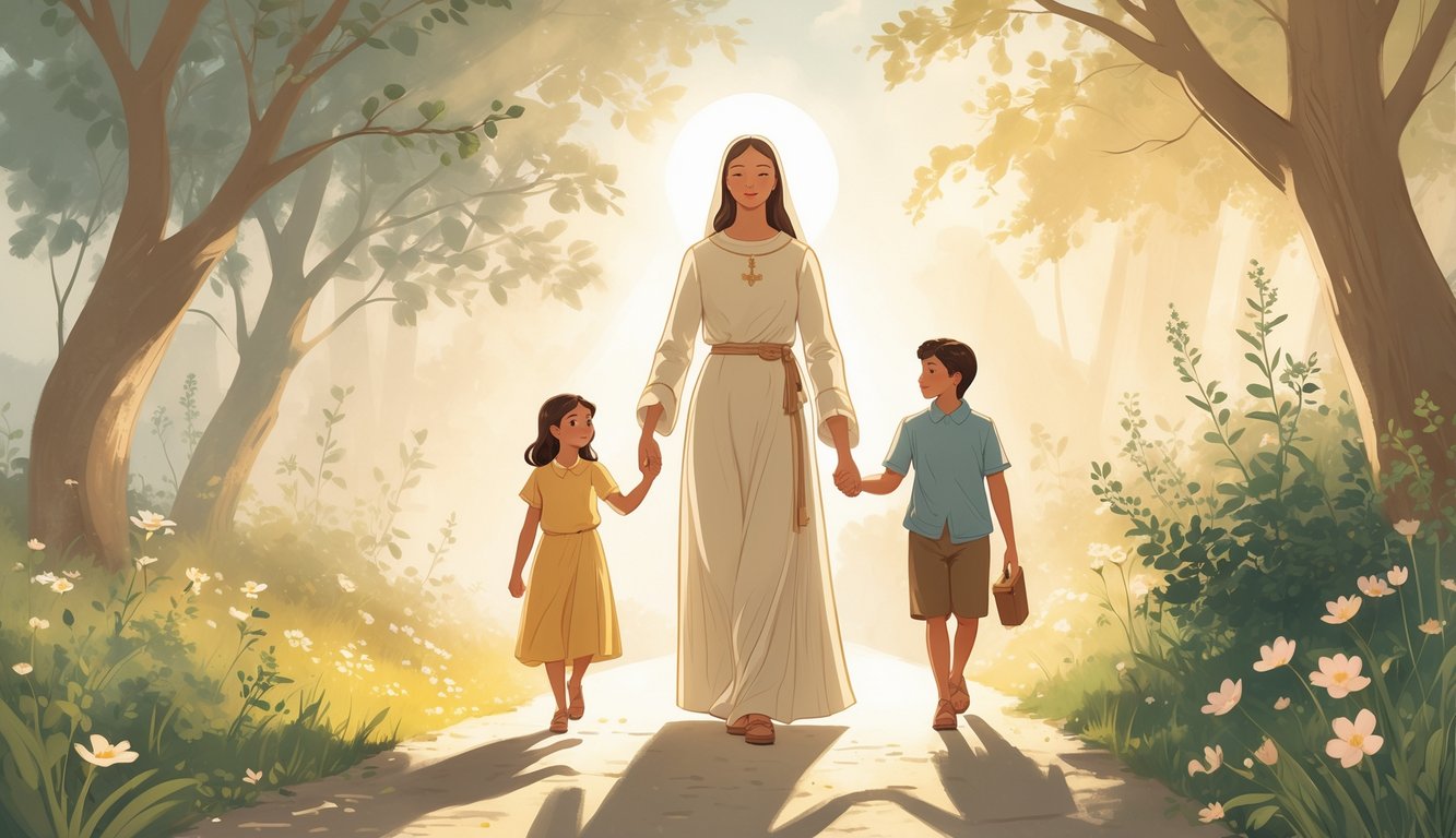 A woman walking hand in hand with her children along a sunlit path surrounded by trees and flowers.