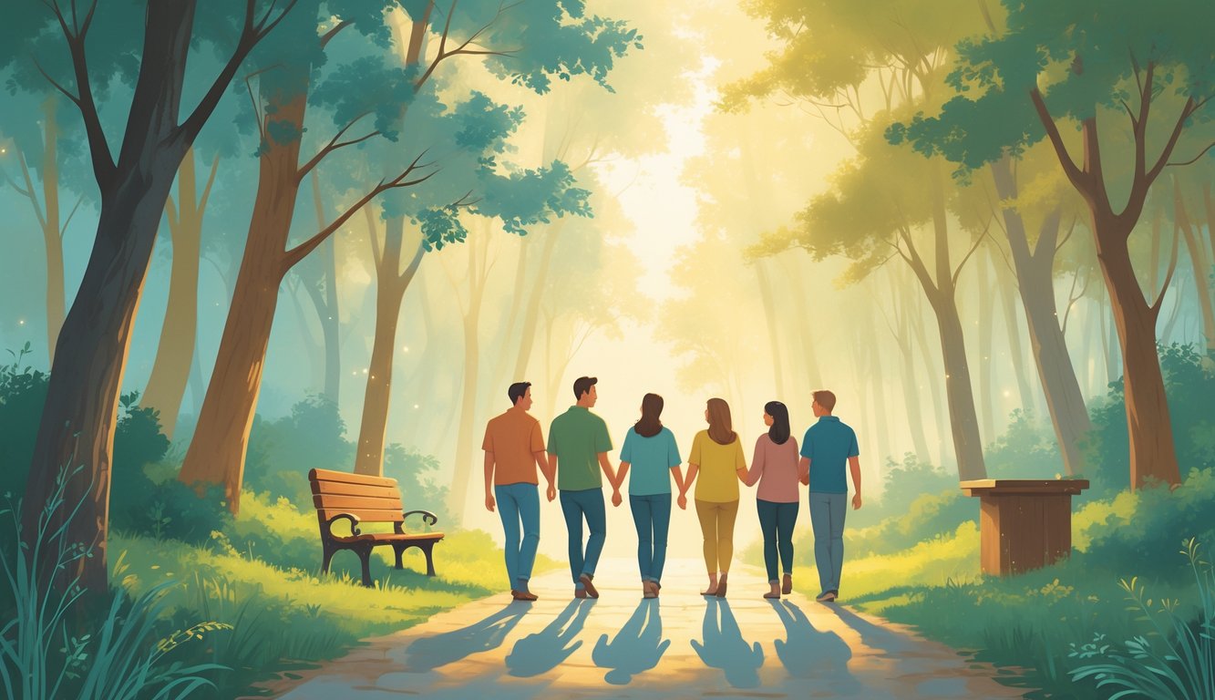 A group of people walking together along a peaceful forest path, talking and smiling, with an open Bible and a cross visible in the background.