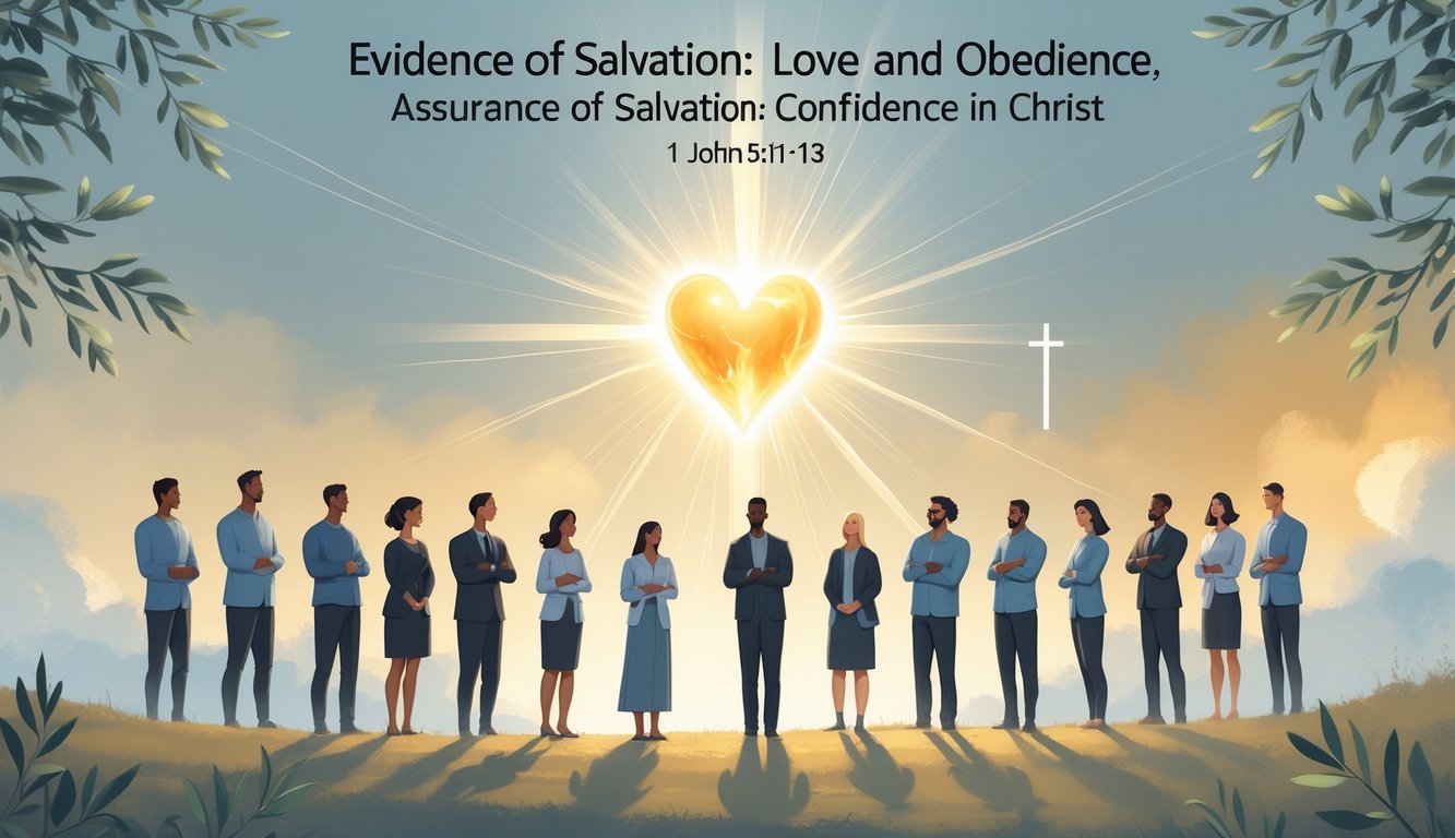 A glowing heart radiates light surrounded by a diverse group of peaceful people standing together with calm, confident expressions under a warm sky, symbolizing love, obedience, and assurance in faith.