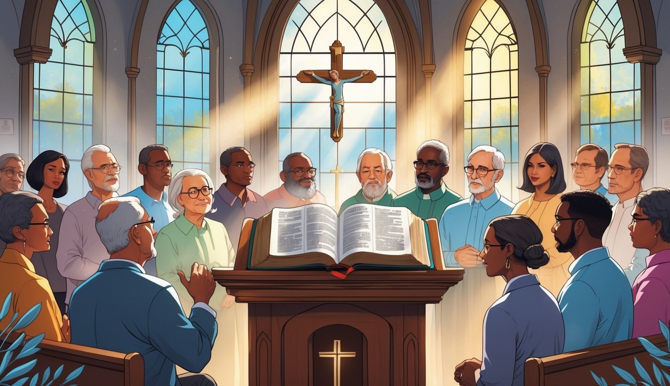 A group of church members gathered around an open Bible on a lectern inside a church, engaged in discussion and reflection.