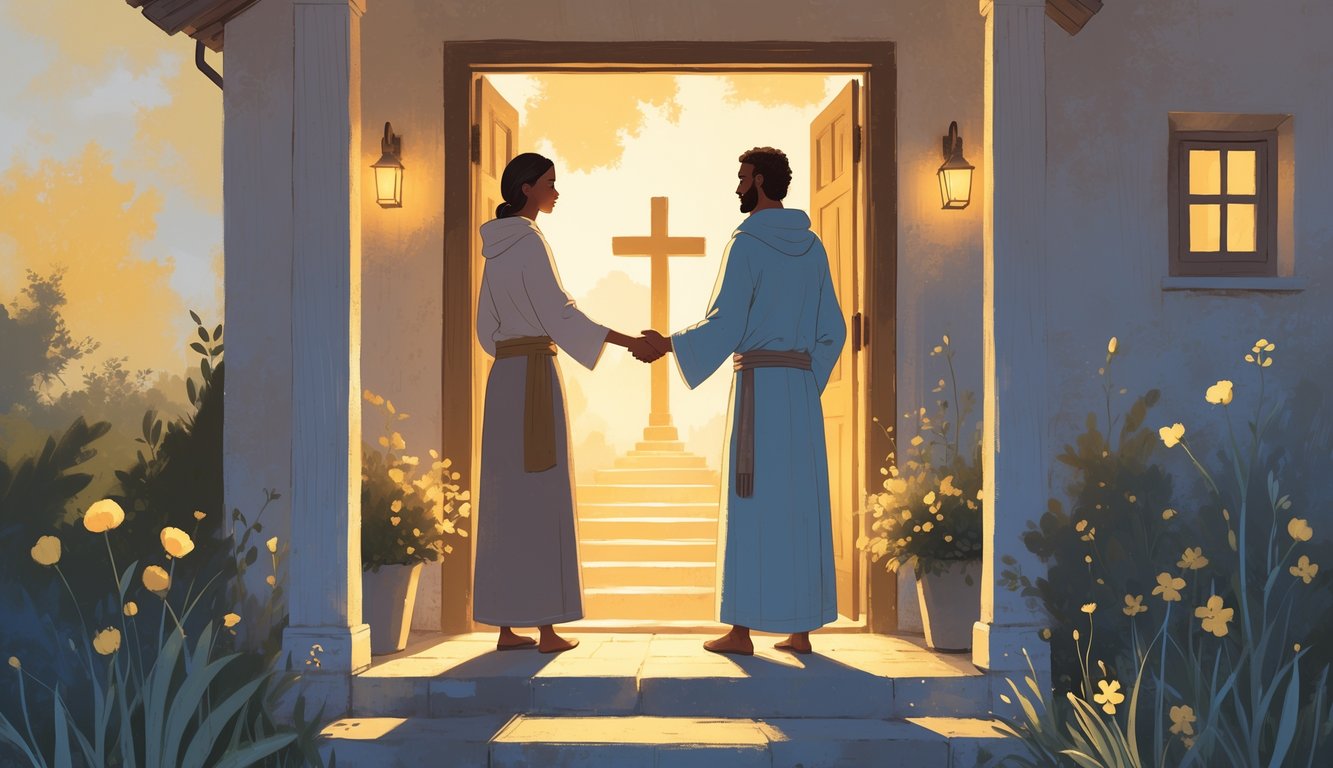 Two people standing at the doorway of a warmly lit home, one welcoming and the other standing respectfully at the threshold, with a cross glowing softly in the background and a path dividing nearby.
