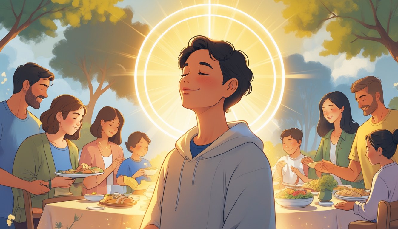 A diverse group of people in daily life settings, each showing calm confidence and inner peace, connected by a warm, glowing light symbolizing spiritual assurance.
