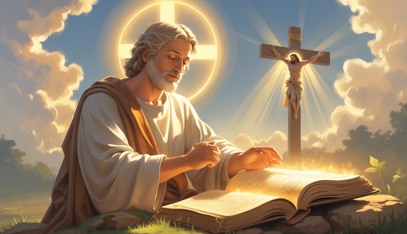 The Apostle John is shown calmly holding an open scroll, surrounded by warm light with a cross and peaceful landscape in the background, symbolizing assurance and confidence in Christ.