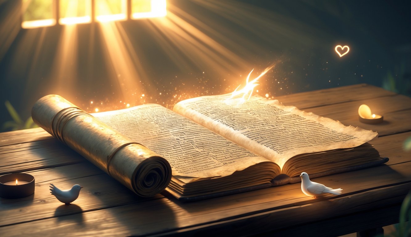 An open ancient scroll on a wooden table illuminated by warm light, surrounded by symbols of love, truth, and faith including a glowing heart, light beam, and a flying dove.