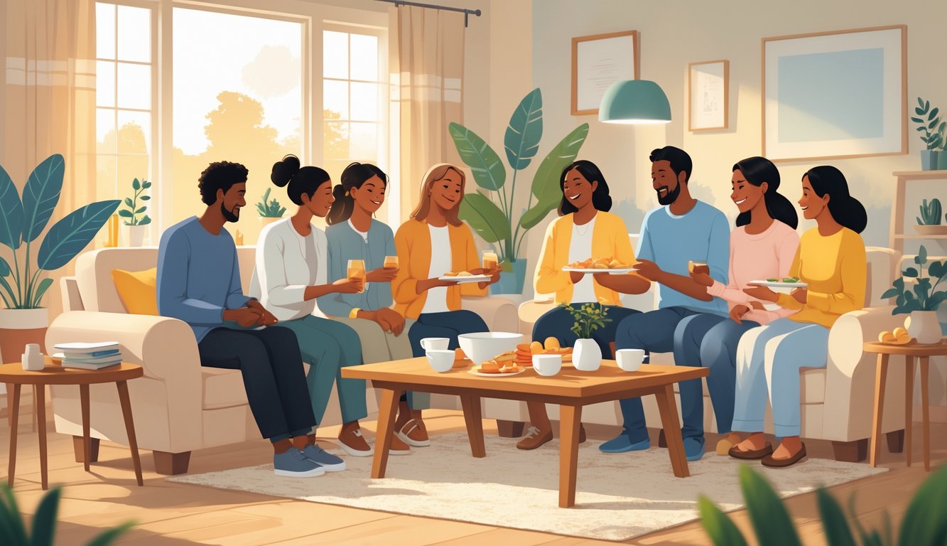 A group of people gathered in a cozy living room, sharing food and conversation in a warm and welcoming atmosphere.