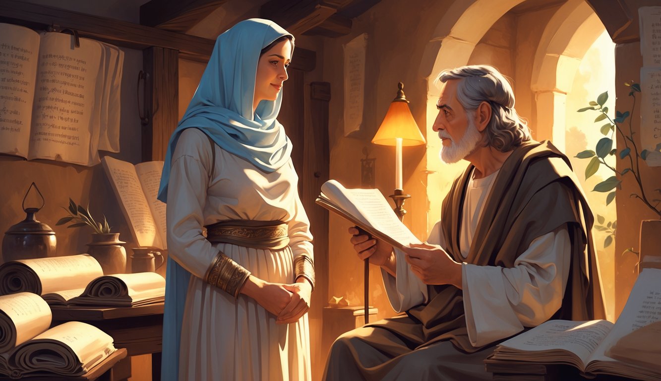 A mature woman and an elderly man in ancient attire are engaged in a respectful conversation in a softly lit room with scrolls and manuscripts.