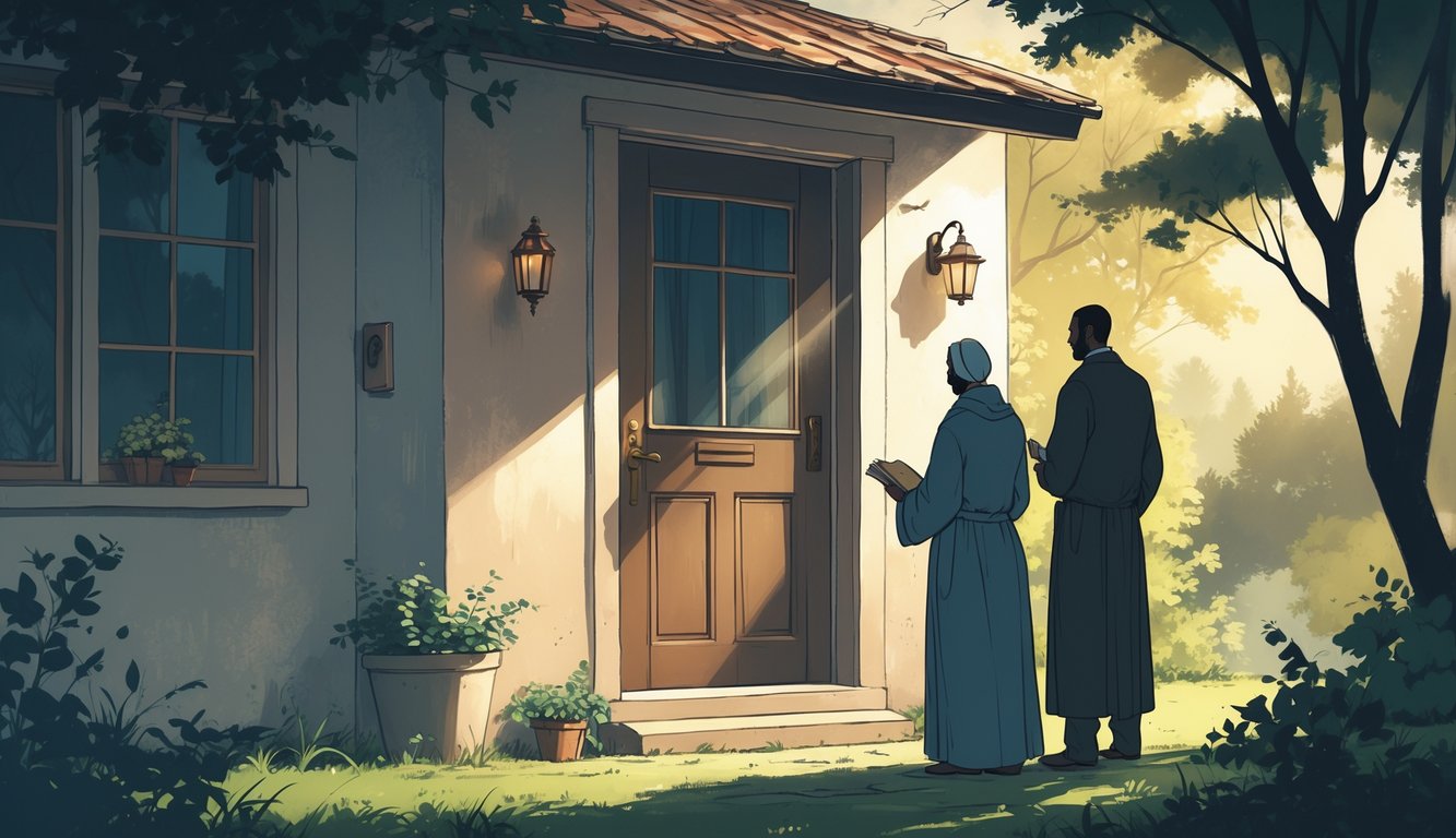 An open doorway of a modest home with two figures outside, one welcoming and one shadowed, representing hospitality and caution.