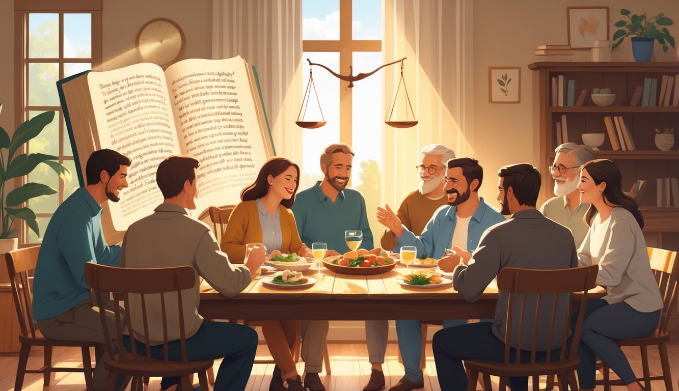 A group of people sharing a meal and talking around a table in a cozy room, with an open glowing book and a balanced scale in the background symbolizing guidance and balance.