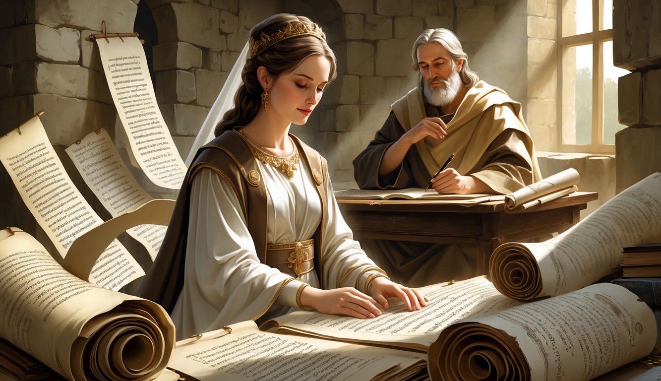 A noble woman and a bearded man in an ancient room surrounded by scrolls and manuscripts, symbolizing a biblical scene involving letters and spiritual connection.