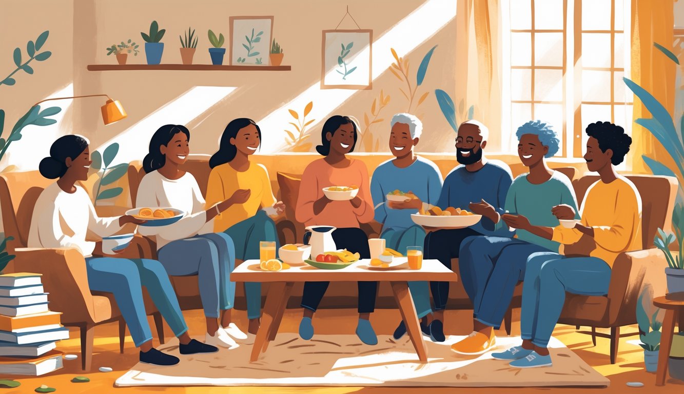 A group of people gathered around a table sharing a meal and conversation in a cozy room filled with warm light.