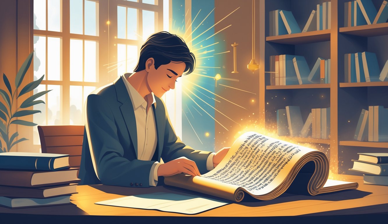 A person reading an ancient scroll at a desk in a quiet study filled with books, with light highlighting the scroll.