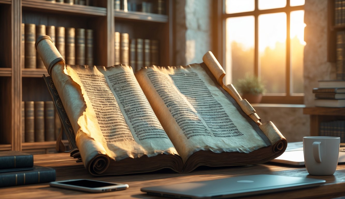 An open ancient scroll on a wooden desk surrounded by modern items like a smartphone and laptop, set in a study room with bookshelves and a window showing a sunrise.