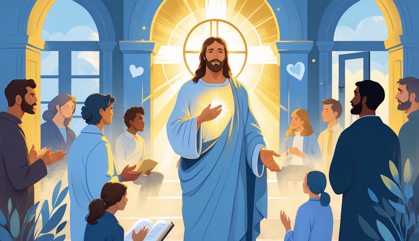 A glowing figure of Jesus Christ stands at the center surrounded by diverse people listening attentively, with an open Bible and symbolic elements like a heart, a doorway, and a dove in the background.