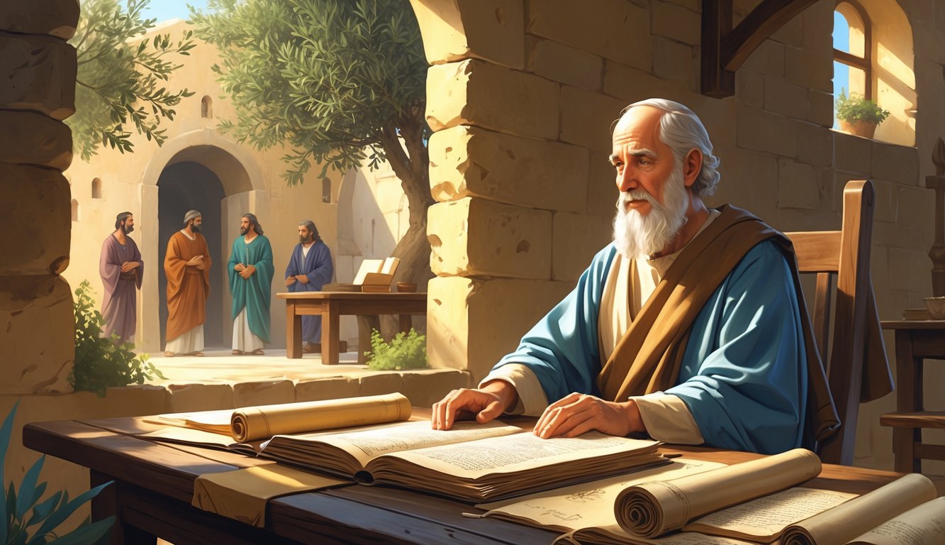 An elderly man in biblical robes studies ancient scrolls at a wooden table inside a simple early Christian house, with a few people listening nearby.