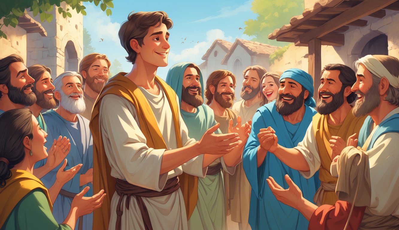 A young man warmly welcoming and supporting fellow believers in an ancient village, surrounded by joyful disciples engaged in acts of kindness and fellowship.