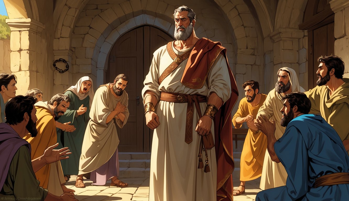 A proud man in ancient robes stands apart from a group of distressed people inside an old stone building, symbolizing selfishness and exclusion.
