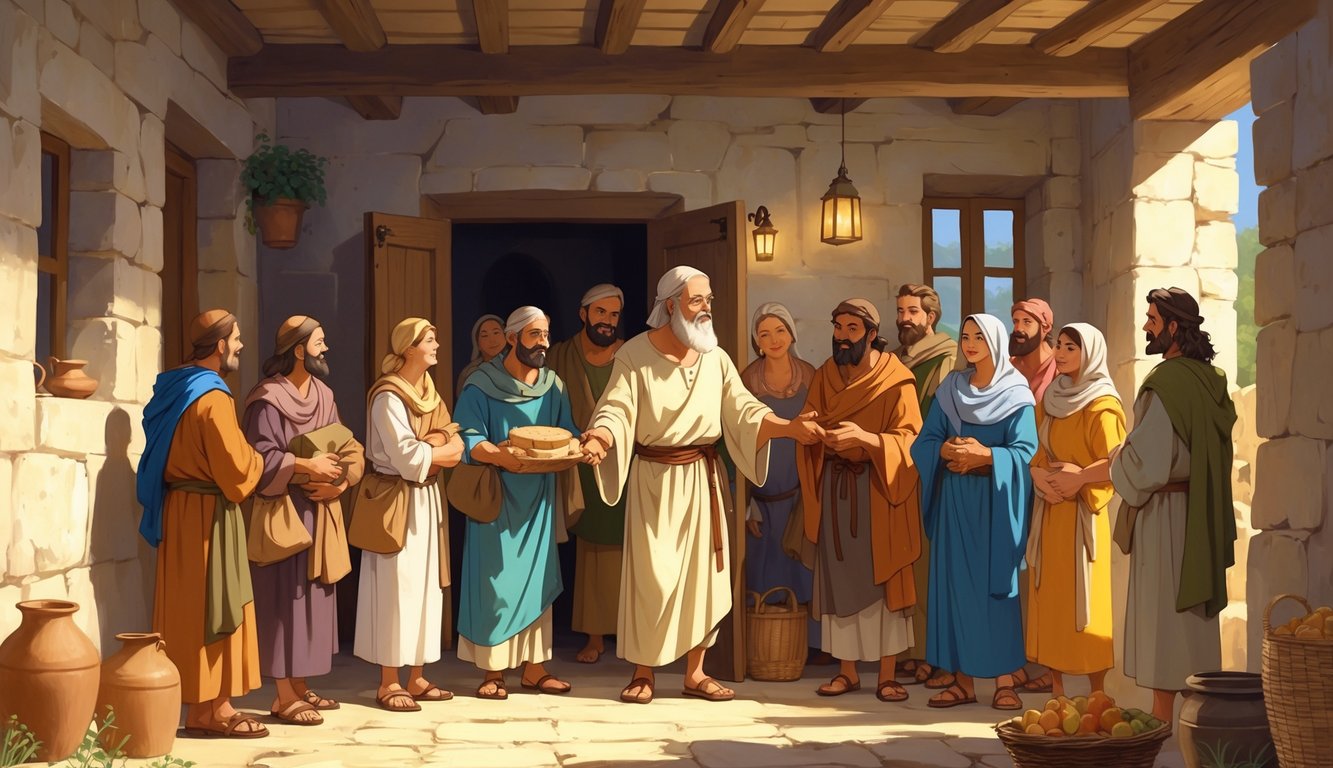 An elderly man warmly welcomes travelers into a modest ancient house, with a table set with simple food inside.