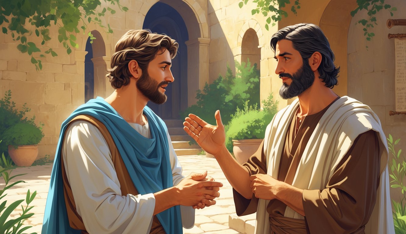 Two men in ancient clothing having a respectful conversation in a sunlit courtyard with stone walls and greenery.