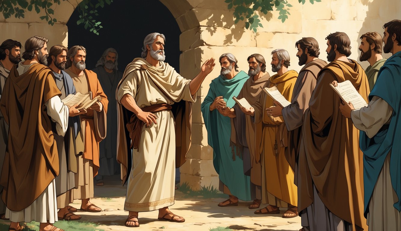 A proud man turning away from a group of humble apostles approaching him in an ancient gathering place.