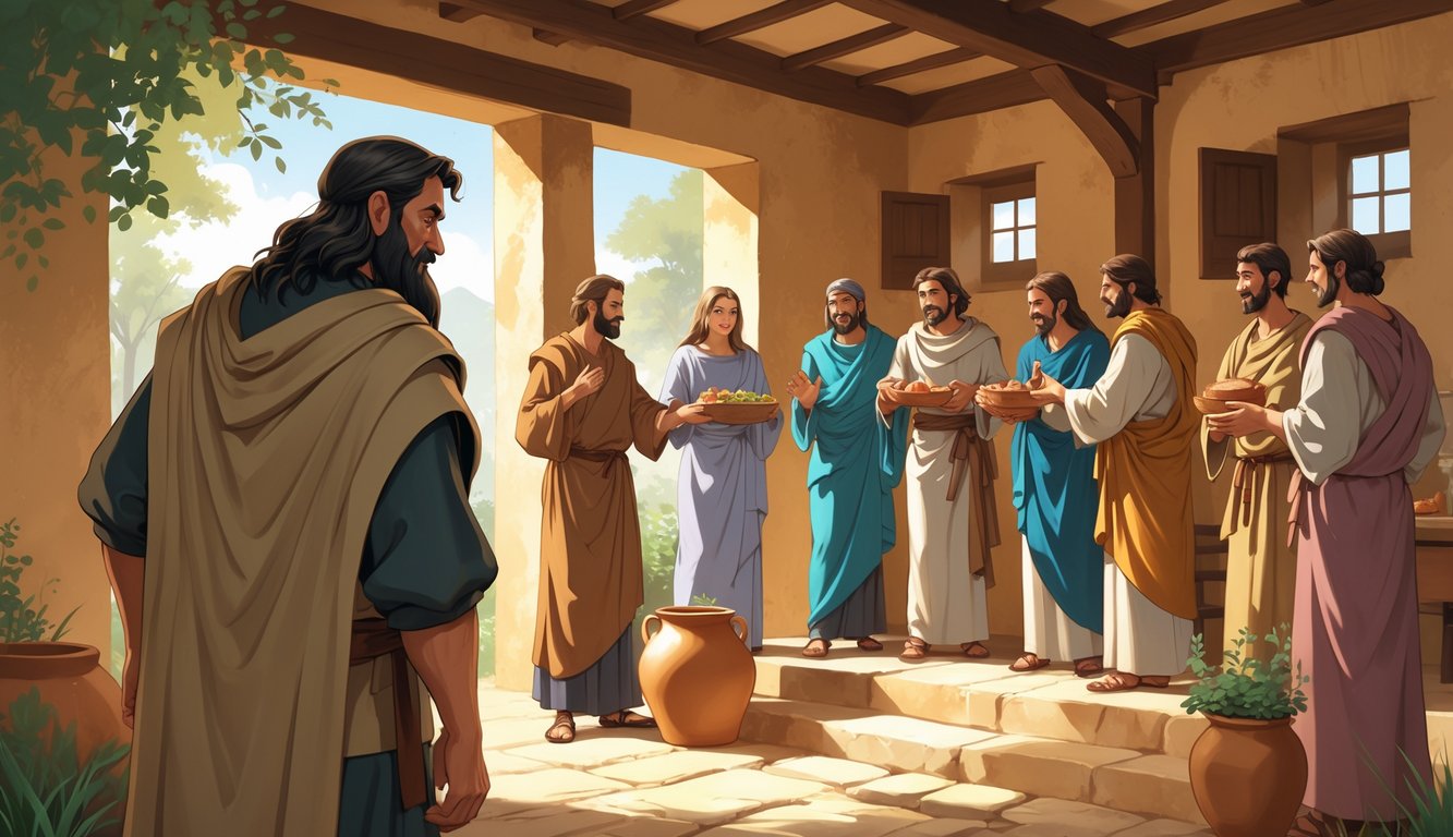 A man turning away proudly while a group of early Christians warmly welcome travelers into their home.