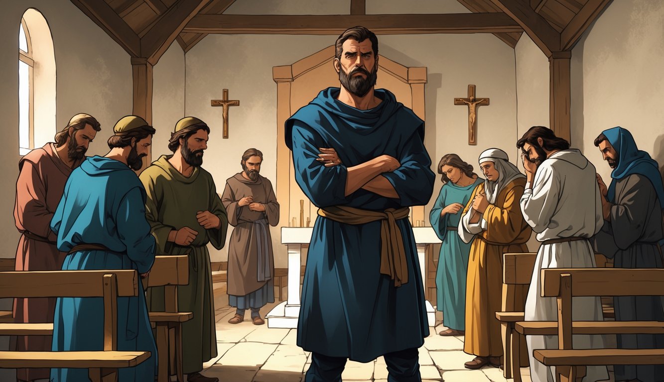 A proud man stands with crossed arms in a small church, while other members look troubled and excluded, showing conflict and division among them.