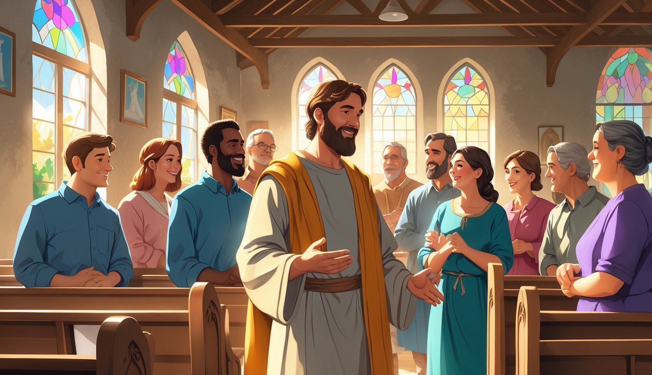 A man warmly interacting with church members inside a traditional church, showing fellowship and trust among believers.