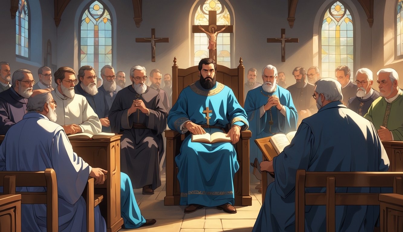 A church leadership meeting where a proud man sits arrogantly while others around him show concern and disagreement inside a traditional church setting.