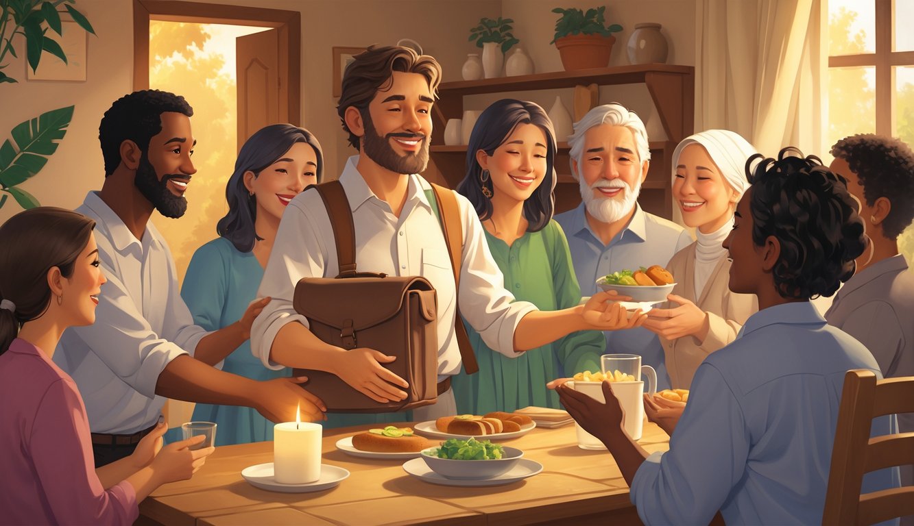 A missionary is warmly welcomed into a modest home by a group of diverse people offering food and drink, creating a scene of kindness and support.