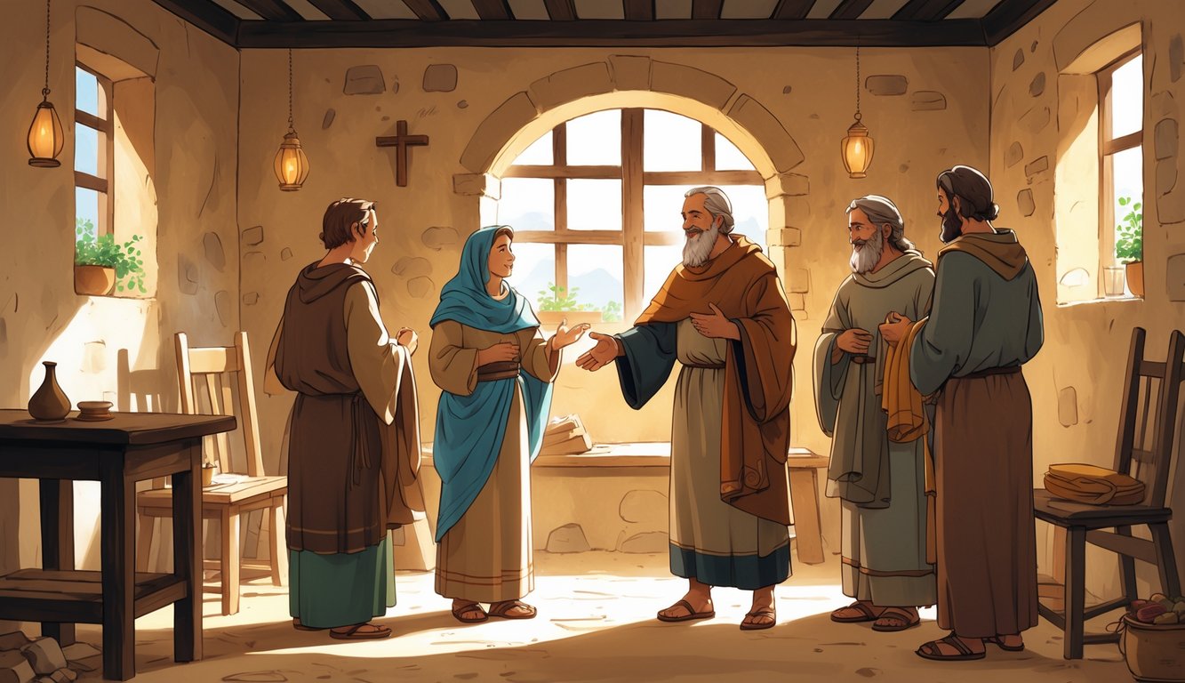 An elder in early Christian robes warmly welcoming travelers into a modest ancient house, surrounded by simple furniture and soft sunlight.