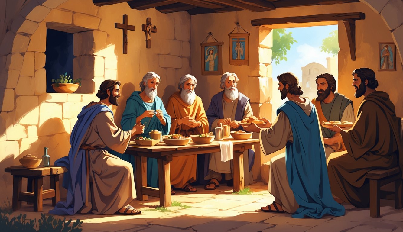 A person in ancient robes warmly welcomes guests into a simple home, offering food and drink, with a small cross visible in the background.