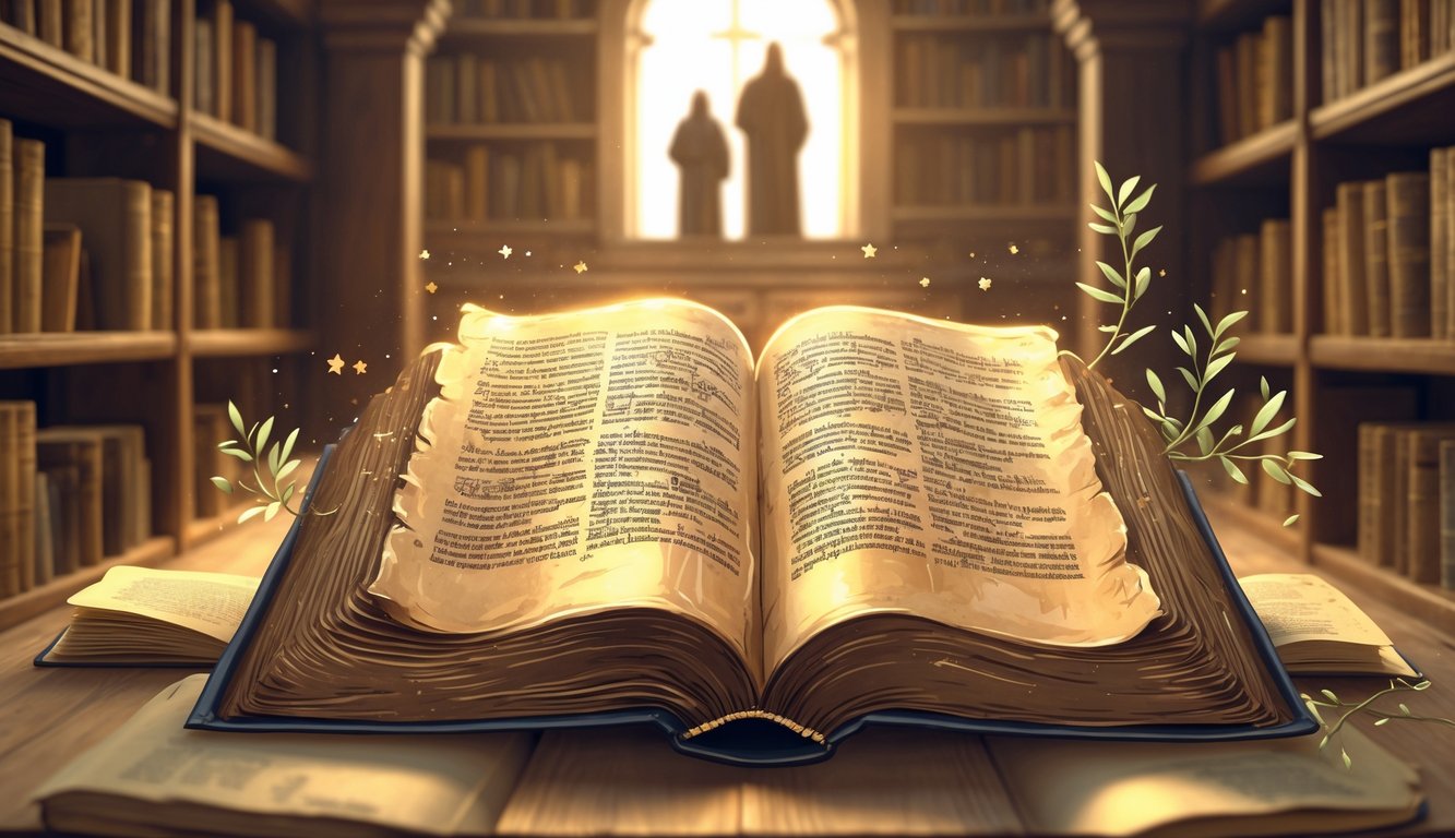 An open ancient manuscript on a wooden table surrounded by symbolic elements like stars and a vine, set in a quiet library with shelves of old books.