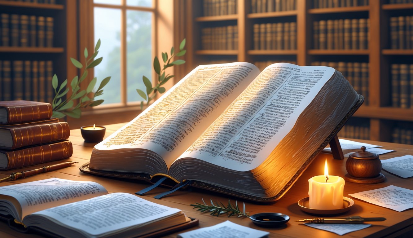 A peaceful study scene with an open Bible on a wooden desk, surrounded by a candle, quill, ink pot, and notes, set in a library with bookshelves in the background.