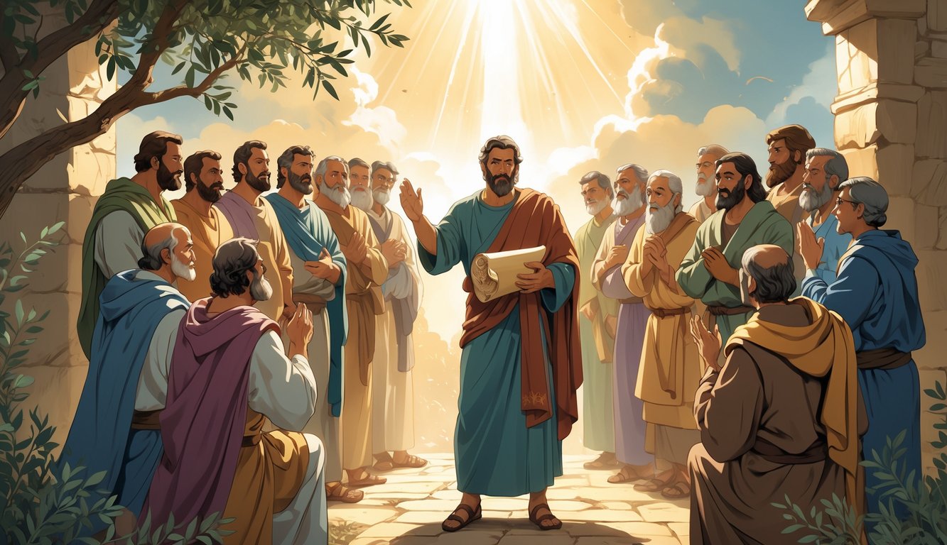 A man holding an ancient scroll speaks to a group of attentive people in an ancient setting with light shining through clouds.