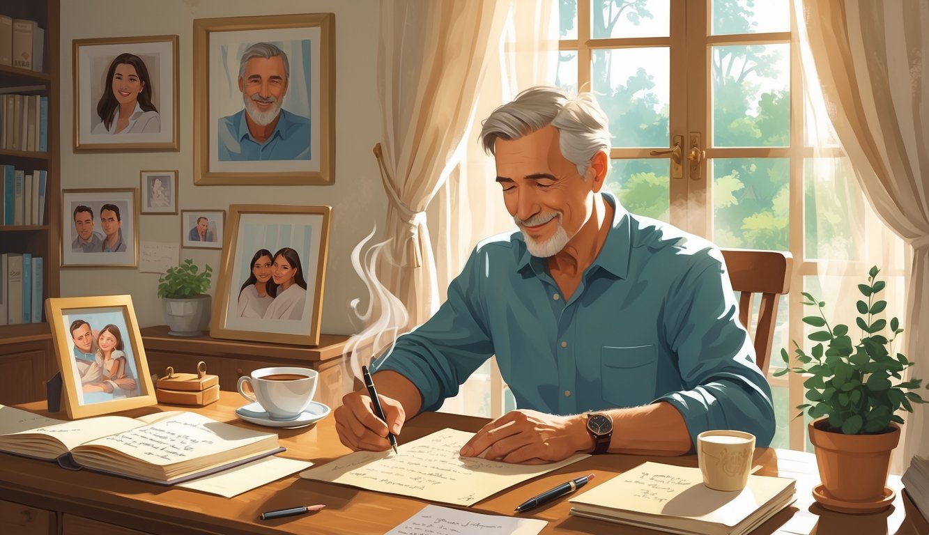 A man sitting at a desk in a cozy room, writing a letter with a pen, surrounded by photos, a cup of tea, and a plant.