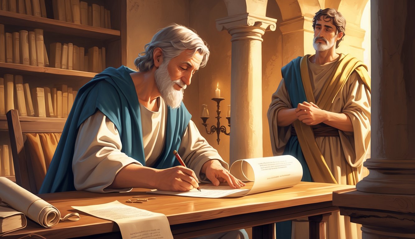 A man writing a letter at a desk while another person listens attentively in an ancient Roman-style room.
