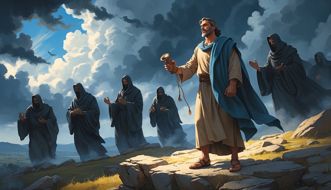 A determined man holding an ancient scroll stands on a rocky hill, surrounded by shadowy, menacing figures in a stormy landscape, symbolizing a struggle between truth and deception.