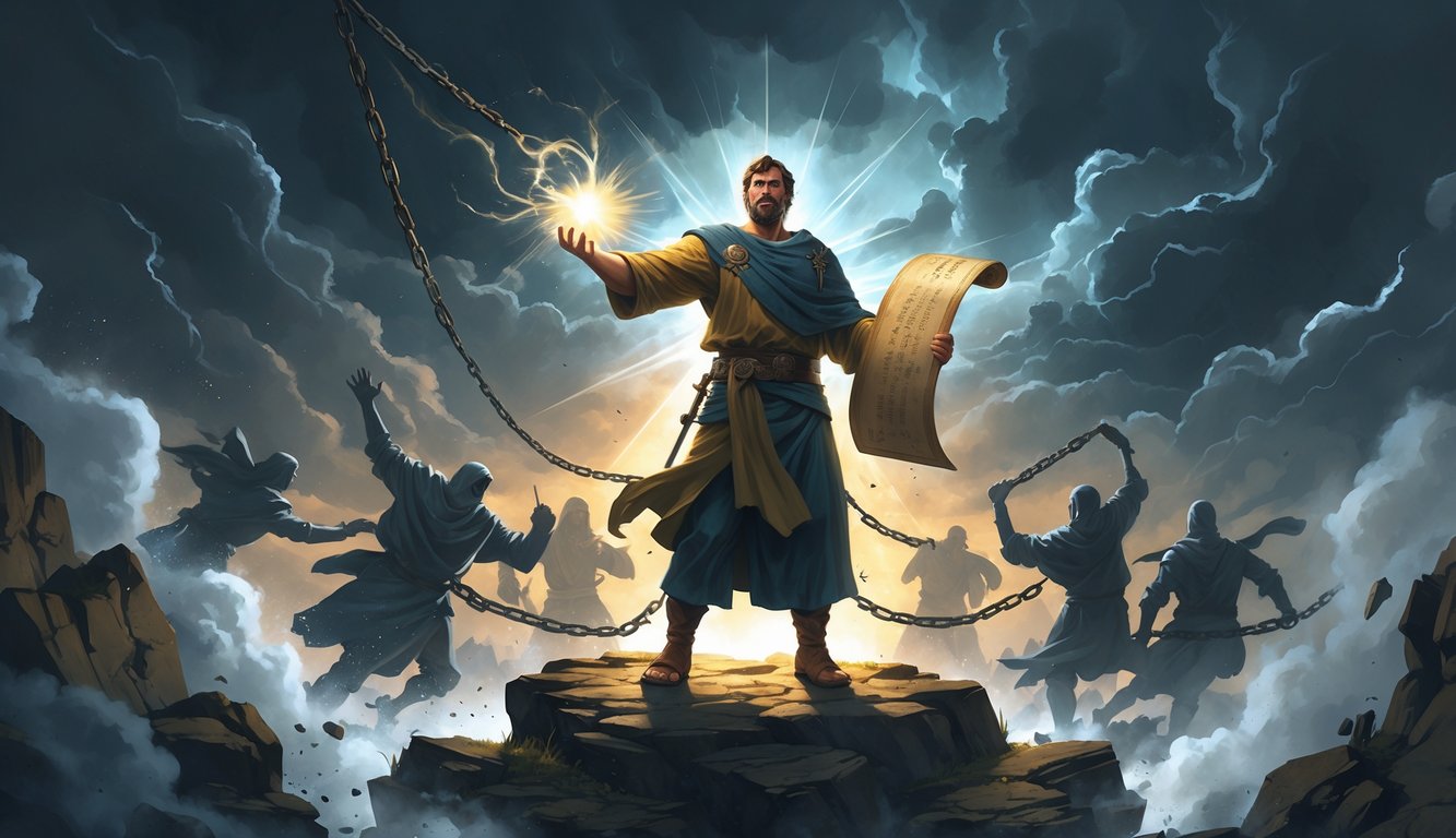 A determined figure holding a glowing scroll stands on a rocky hill, surrounded by dark shadowy figures and stormy skies, symbolizing protection of faith and truth.