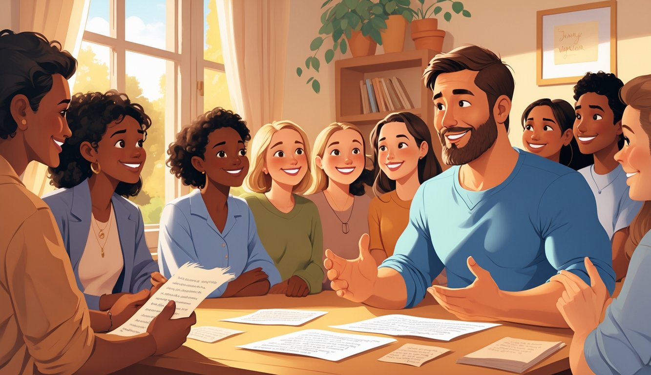 A man named Demetrius speaking to a small group of friends in a warm, cozy room with letters on a table nearby, showing encouragement and positive connection.