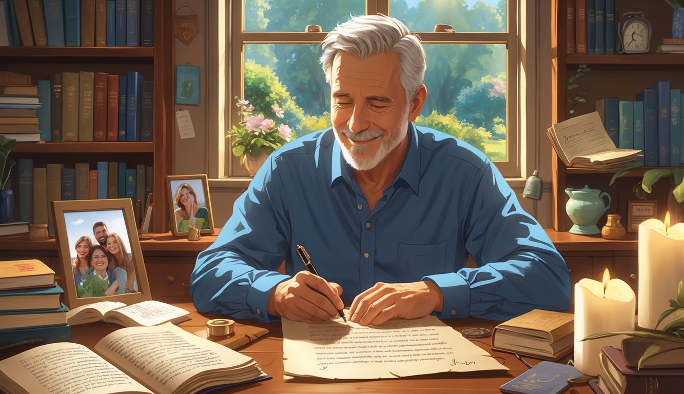 A man writing a letter at a desk in a cozy study, surrounded by books and personal items, with a window showing a garden outside.