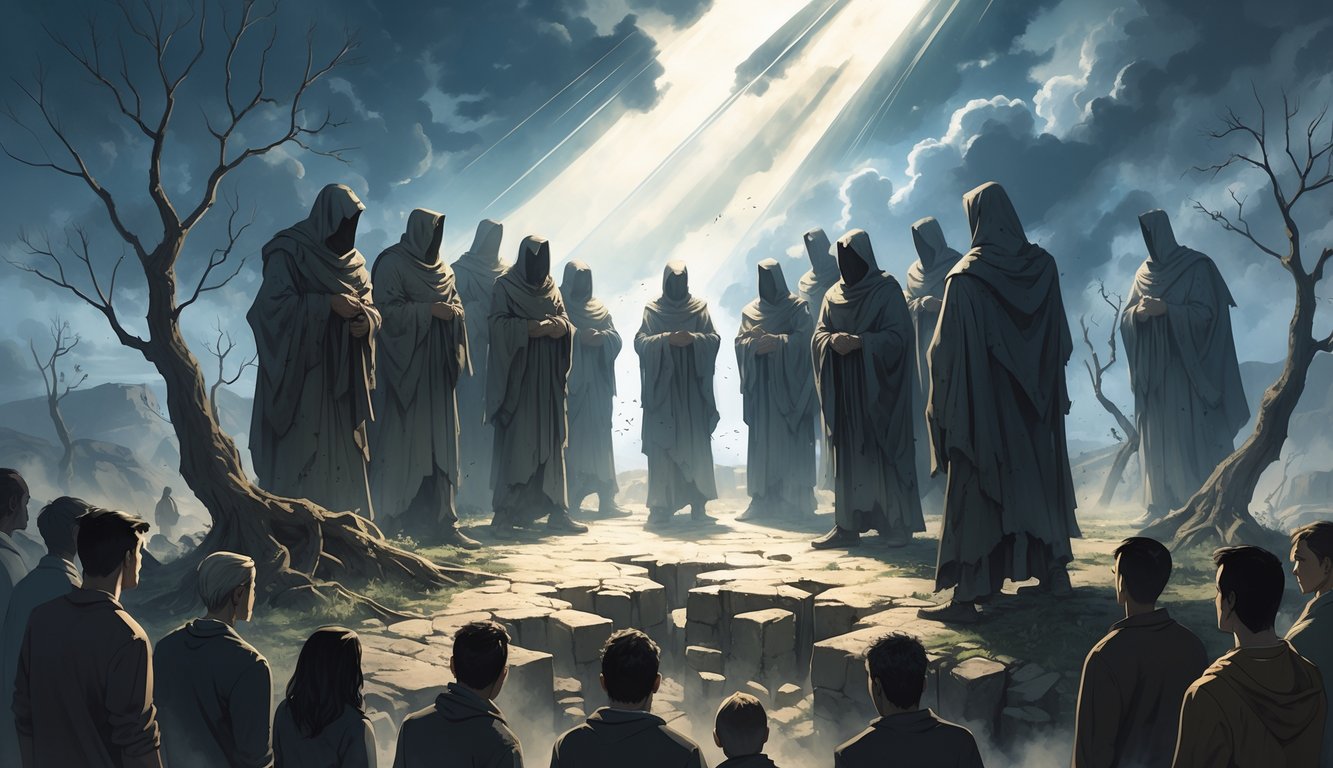 A group of dark cloaked figures stand on crumbling ground surrounded by broken pillars and withered trees, illuminated by a bright light from above, while people watch them with determined expressions under a stormy sky with a clearing in the distance.