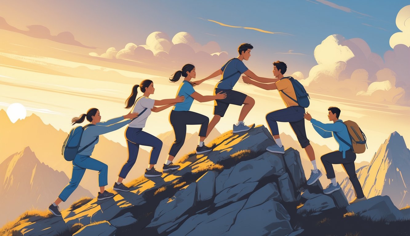 A group of people helping each other climb a mountain together at sunrise, symbolizing strength and support.