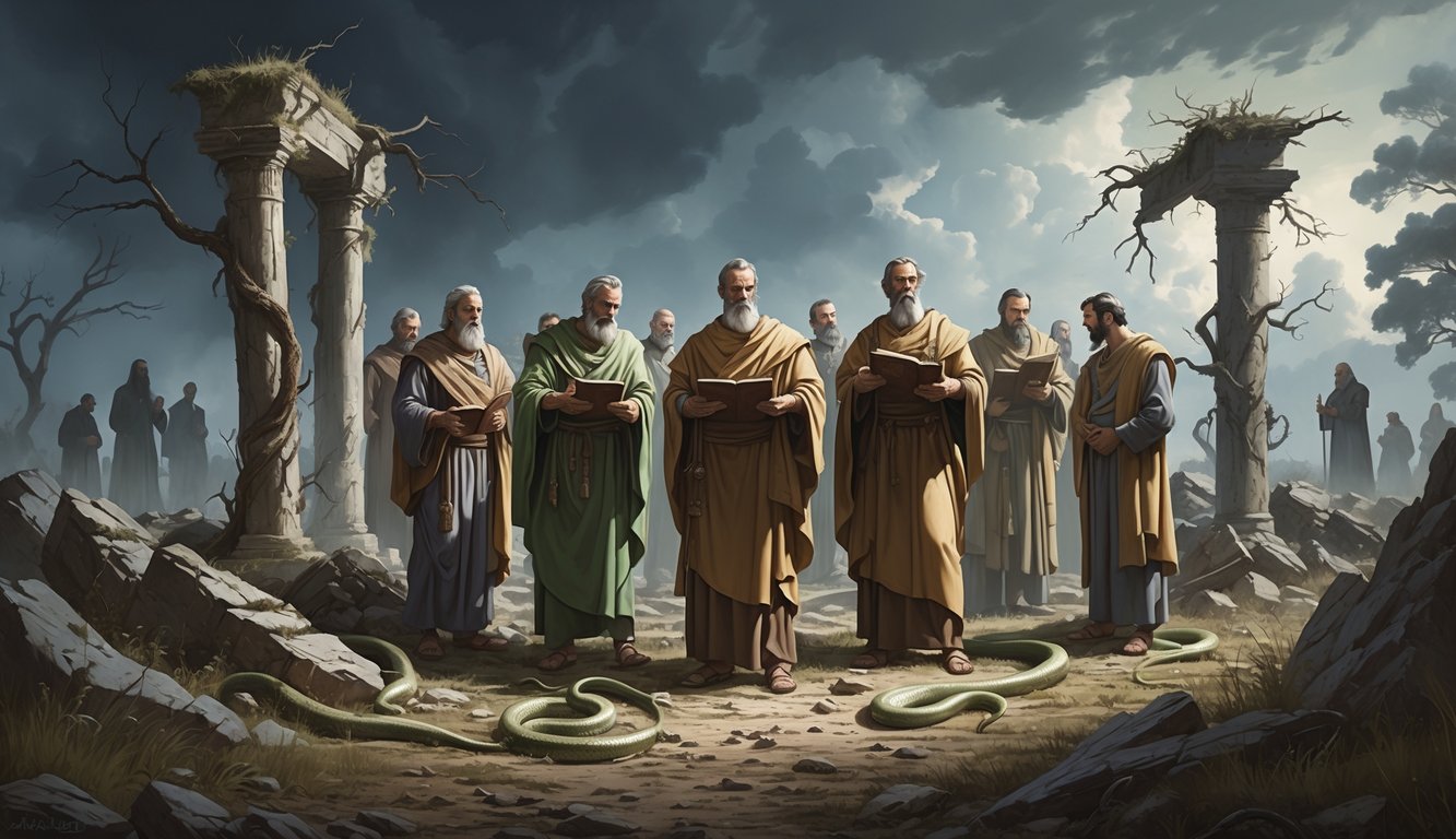 A group of false teachers in ancient clothing stand in a rugged wilderness surrounded by broken pillars and withered trees, watched by ghostly figures of prophets in the background, symbolizing judgment and consequences.