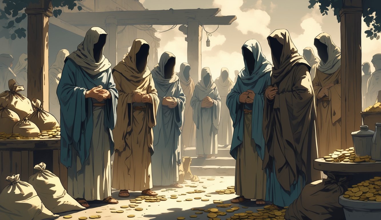 A group of deceitful figures in worn robes gather in a marketplace setting, surrounded by symbols of greed and excess, while a small group of sincere people watch from a distance.
