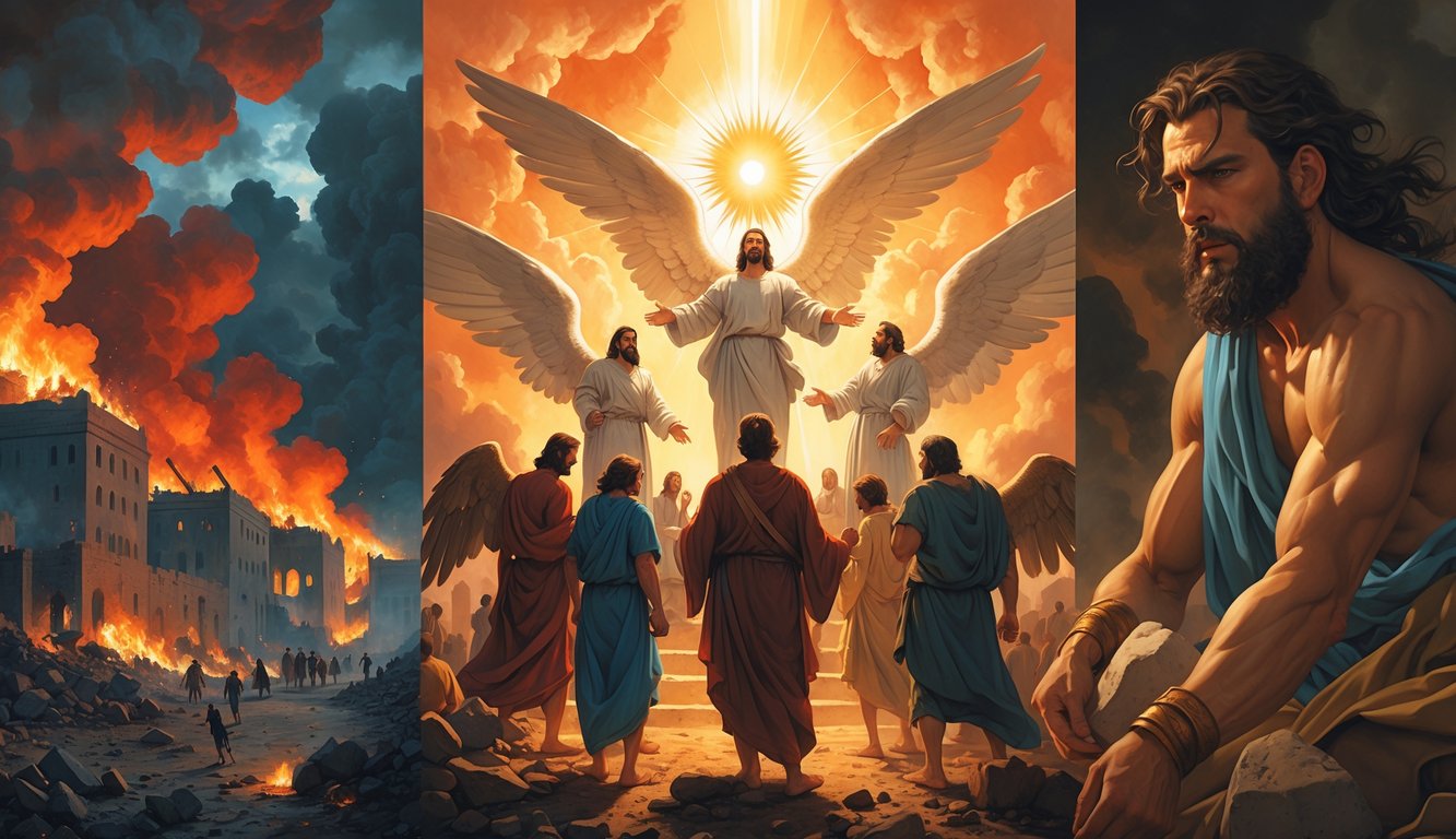 Three scenes showing divine judgment: the destruction of Sodom by fire, a group of glowing angels, and Cain confronting Abel with a stone.