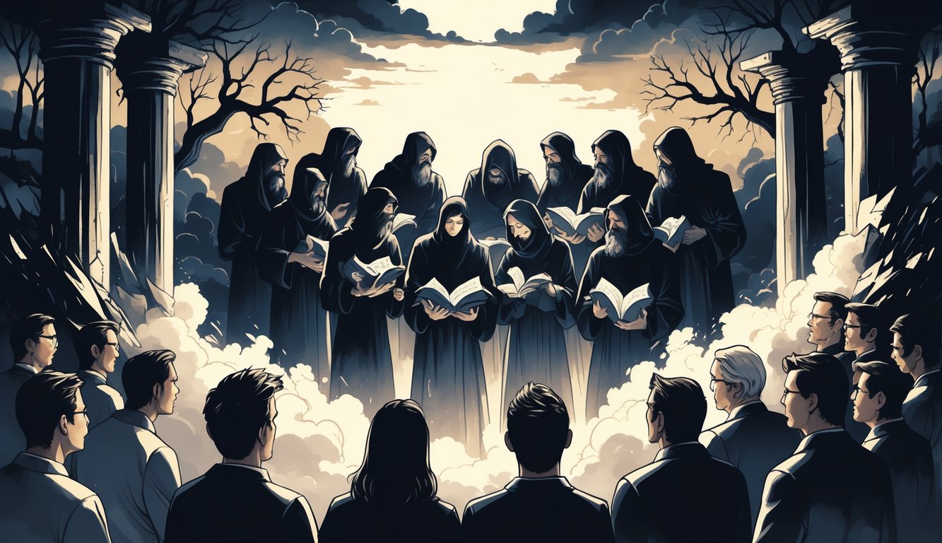 A group of deceptive figures holding broken scrolls stand among crumbling pillars and withered trees under dark clouds, while a bright light shines on attentive listeners nearby.